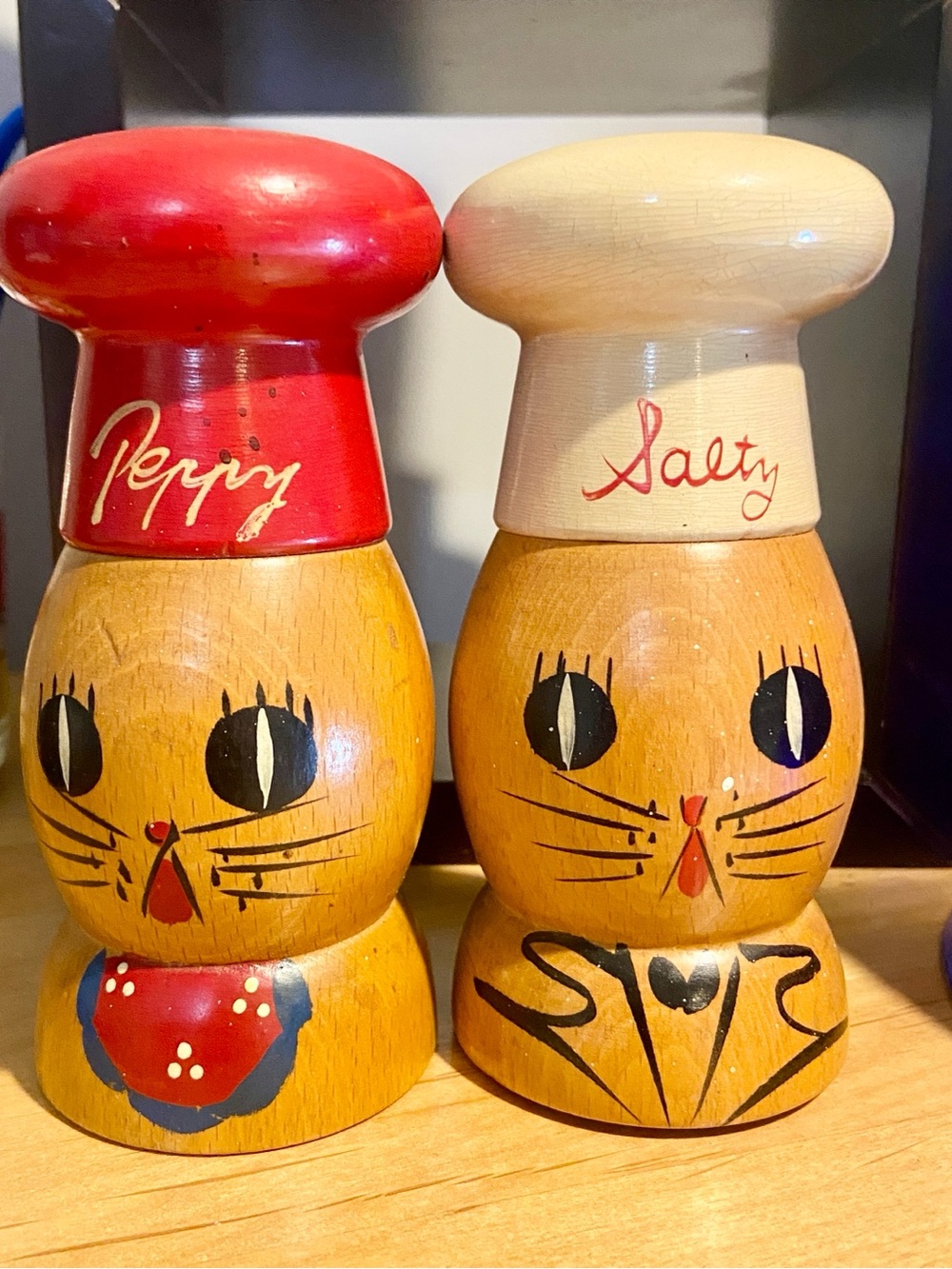 Pair of vintage wooden Salt and Pepper shakers made in Japan